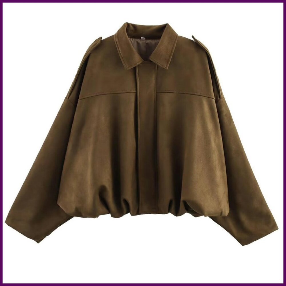 Oversized Faux Suede Bomber Jacket Lapel Zip Up Streetwear Outerwear